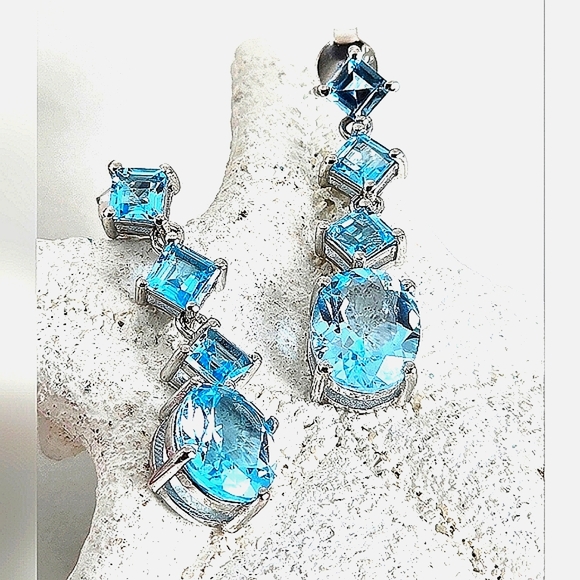 Natural Sky Blue Topaz 925 Sterling Silver Earrings - Picture 1 of 7